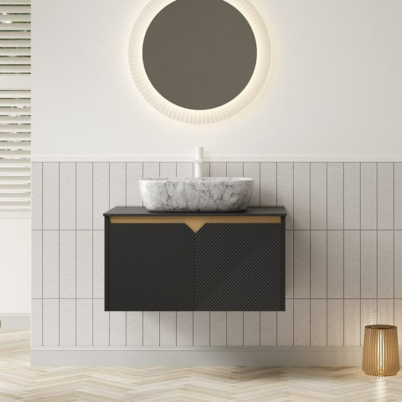 Modern Bathroom Vanity RUBEN 30" Bathroom Vanity&Sink, Wall-Mounted Floating Plywood Storage Cabinet, Twill Double Doors with Metal Trim, Marble Pattern Rectangle Ceramic Vessel Basin&Black Sintered
