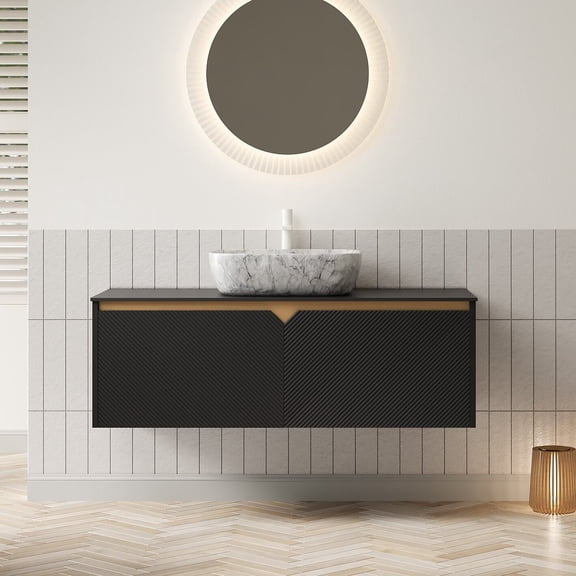 Modern Bathroom Vanity RUBEN 48" Bathroom Vanity&Sink, Wall-Mounted Floating Plywood Storage Cabinet, Twill Double Doors with Metal Trim, Marble Pattern Rectangle Ceramic Vessel Basin&Black Sintered