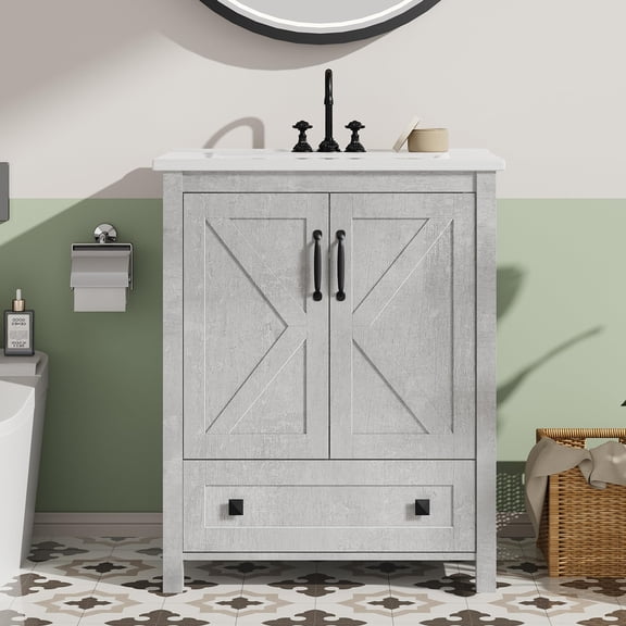 Modern Bathroom Vanity Set – 30 Inch Freestanding Cabinet with Ceramic Basin, 2 Doors & Storage Drawer, Waterproof, Easy Assembly – Cement Grey E7021-W, 30 inches