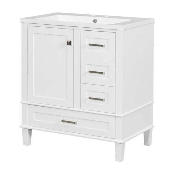 Modern Bathroom Vanity with a Soft Closing Door and 3 Drawers, Modern Bathroom Cabinet with Sink Combo Set, Bathroom Storage Cabinet with Wooden Frame, 30'', White