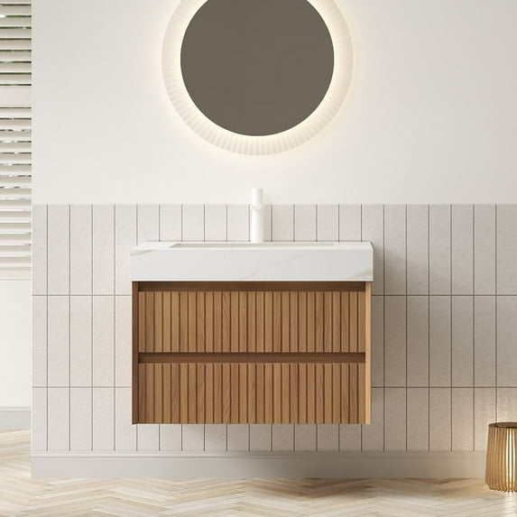 Modern Bathroom Vanity TILLEY 30" Bathroom Vanity&Sink, Wall-Mounted Stripe Plywood Storage Cabinet with 2 Drawers, Calacatta Gold Sintered Stone Top with Ceramic Undermount Basin, Pre-assembled, Esp