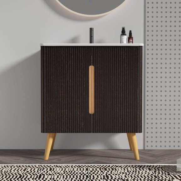 Modern Bathroom Vanity U136-ETNA30F-308 Etna 30" Brushed Black Oakt Bathroom Vanity with Sink, Freestanding & Wall Mounted Bathroom Cabinet Options for Modern Bathrooms, KD,Wooden Bathroom Vanity