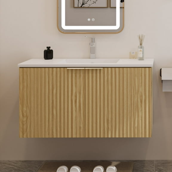 Modern Bathroom Vanity with Wavy Textured Doors - Wall Mounted Floating Cabinet, Soft-Close Waterproof Storage for Small Bathroom, Easy Install (Nature with Sink, 36)