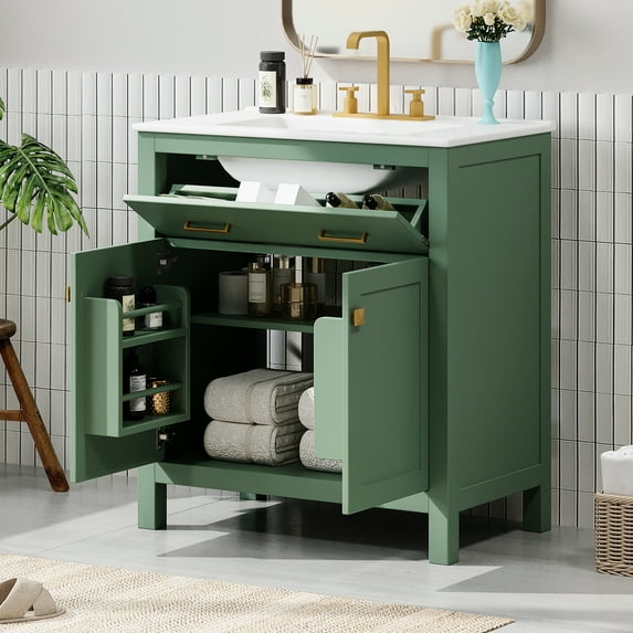 Modern Bathroom Vanity With Ceramic Sink, 30-inch Cabinet And Practical Interior Layout Functional Storage Space