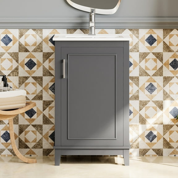 Modern Bathroom Vanity With Ceramic Top - Stylish, Functional 20 Inch Sink Gray Cabinet, Convenient