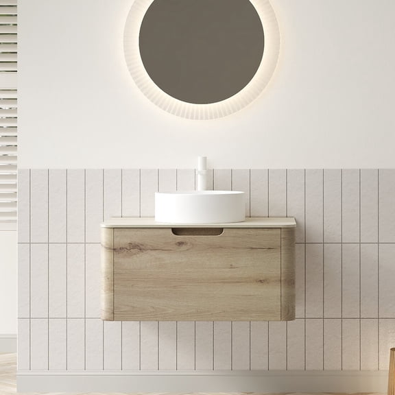 Modern Bathroom Vanity XAI 30" Bathroom Vanity with Sink, Wall-Mounted Plywood Storage Cabinet with Drawer, White Round Ceramic Basin and Roma Travertine-Pattern Sintered Stone Top, Pre-assembled, Wh