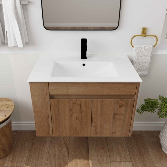 Modern Bathroom Vanity with Ceramic Basin Solid Wood Frame Storage Cabinet Easy Assembly Bathroom Accessories