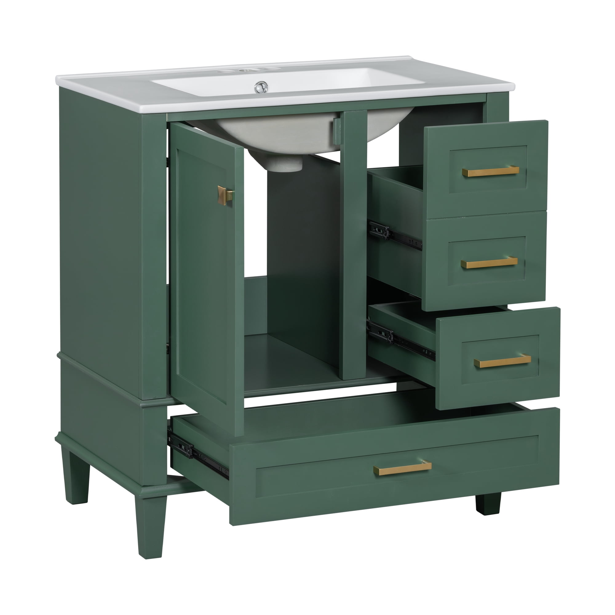 Modern Bathroom Vanity with Ceramic Sink, Soft Close Door, 3 Versatile Drawers and Zinc Alloy Handles, Solid Wood Construction, 30 Inch in Green