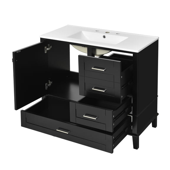 Modern Bathroom Vanity with Solid Pine Frame, Soft Close Door and 3 Versatile Drawers, 36" Black Finish with Ceramic Sink