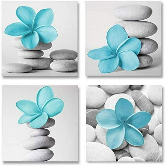 -Modern Bathroom Wall Art Blue Grey Zen Flowers and Pebble Stone Aqua Bedroom Canvas Art for Decoration (Blue)