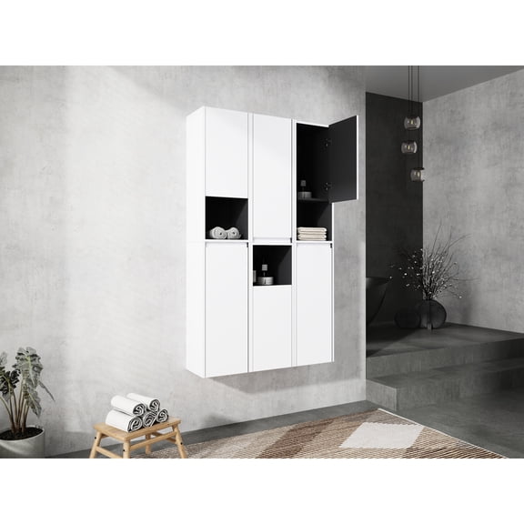 Modern Bathroom Wall-Mounted Side Cabinet | Organize Daily Items in Open Shelves | Durable Plywood with Smooth Finish | Reverse Door Installation Direction