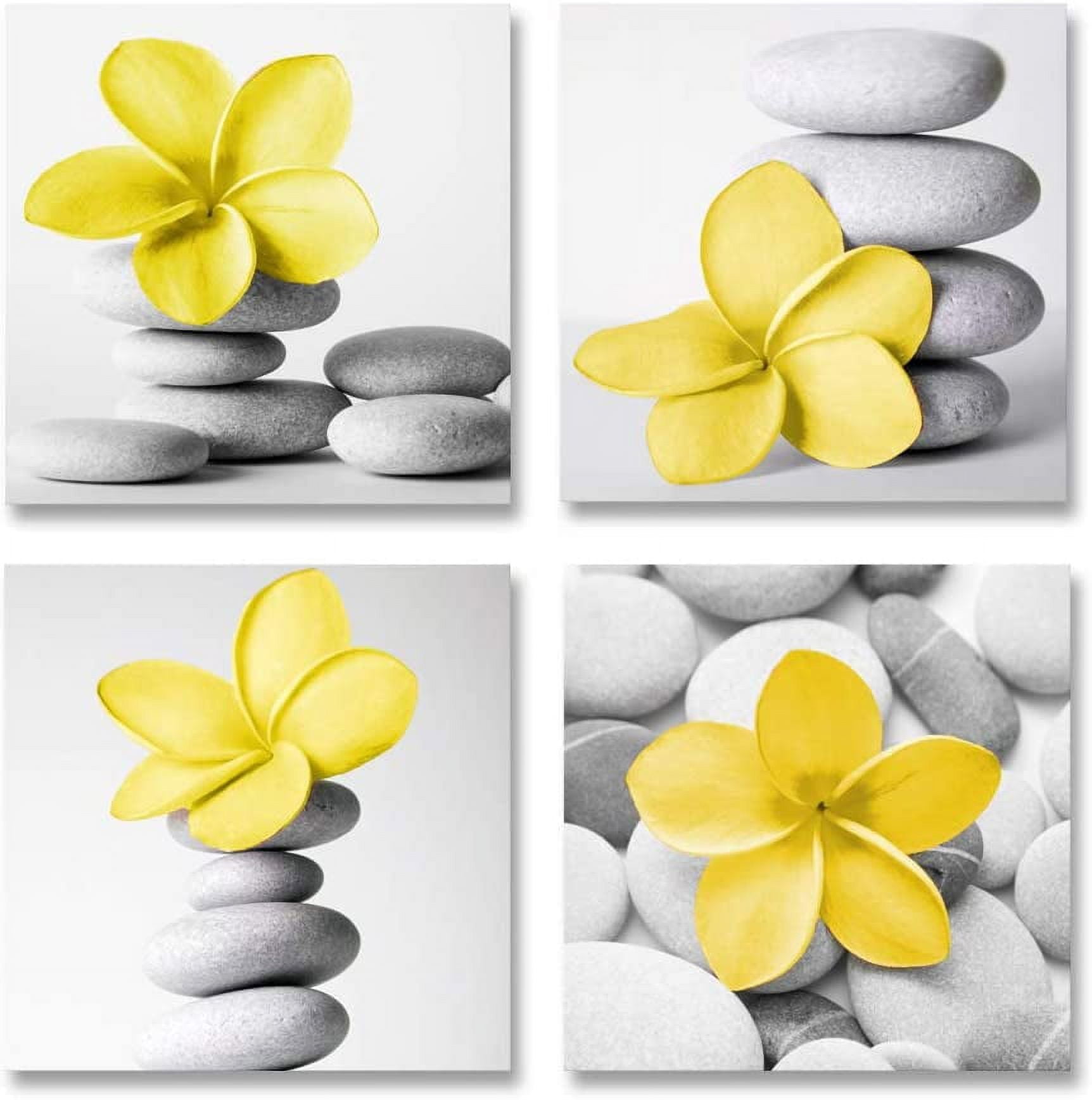 -Modern Bathroom Yellow Gray Wall Art Picture Flowers and Pebble Stone ...