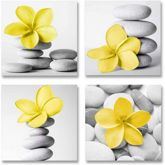 -Modern Bathroom Yellow Gray Wall Art Picture Flowers and Pebble Stone Canvas Print Wall Decor Set 4(Yellow)