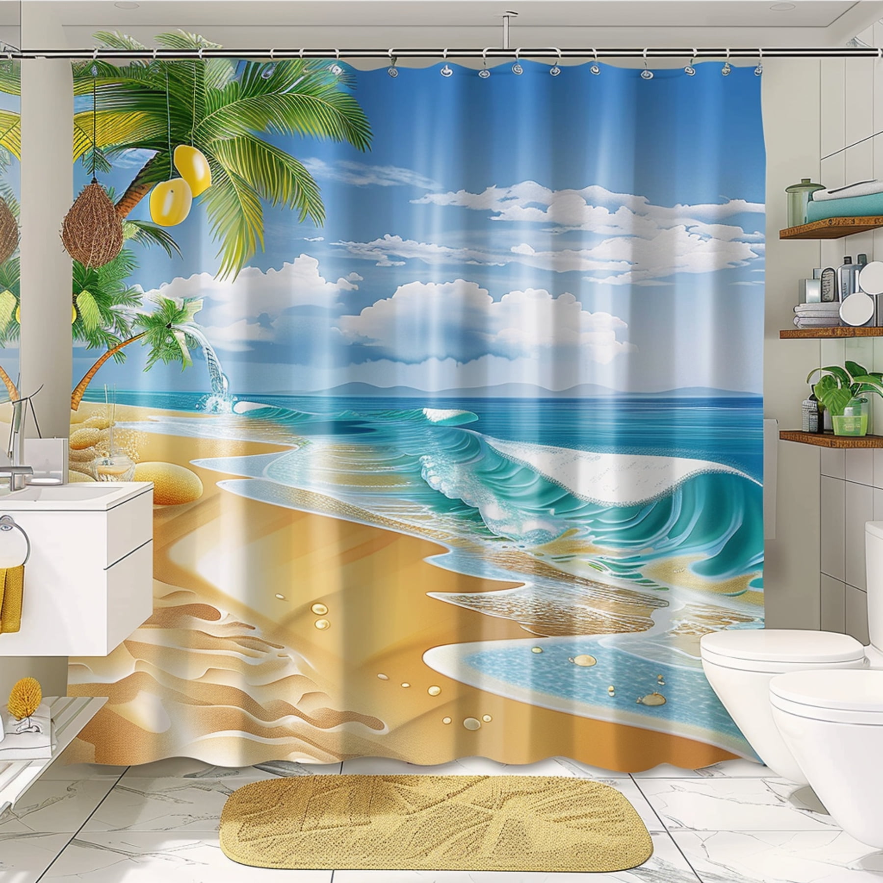Modern Beach Theme Bathroom Decor Set with Waves Palm Trees Sand ...