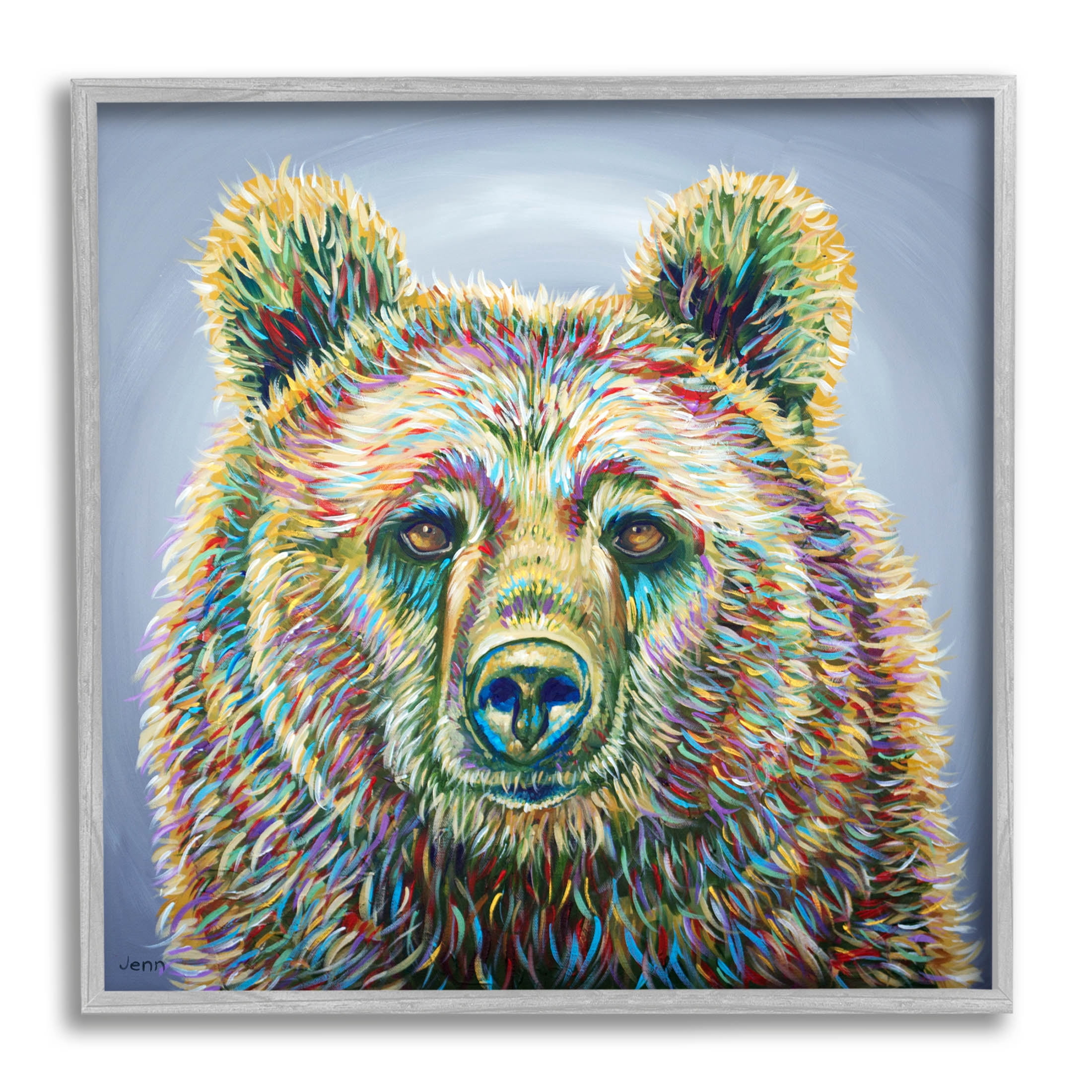 Modern Bear Rainbow Fur Strokes Animals & Insects Painting Gray Framed Art Print Wall Art