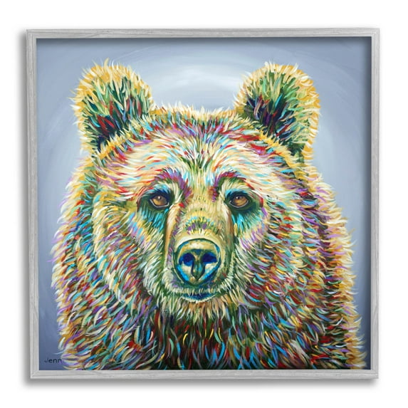 Modern Bear Rainbow Fur Strokes Animals & Insects Painting Gray Framed Art Print Wall Art