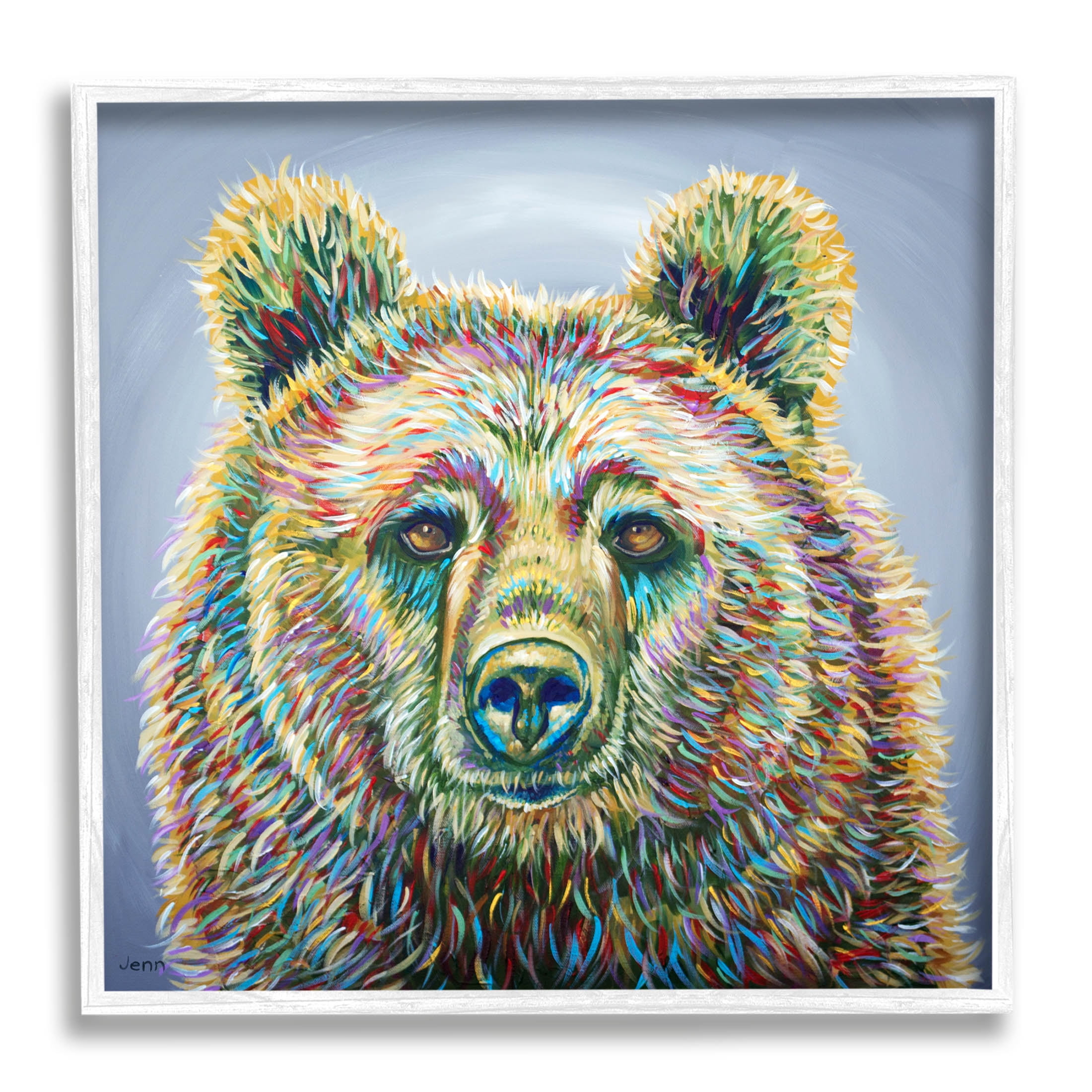 Modern Bear Rainbow Fur Strokes Animals & Insects Painting White Framed Art Print Wall Art