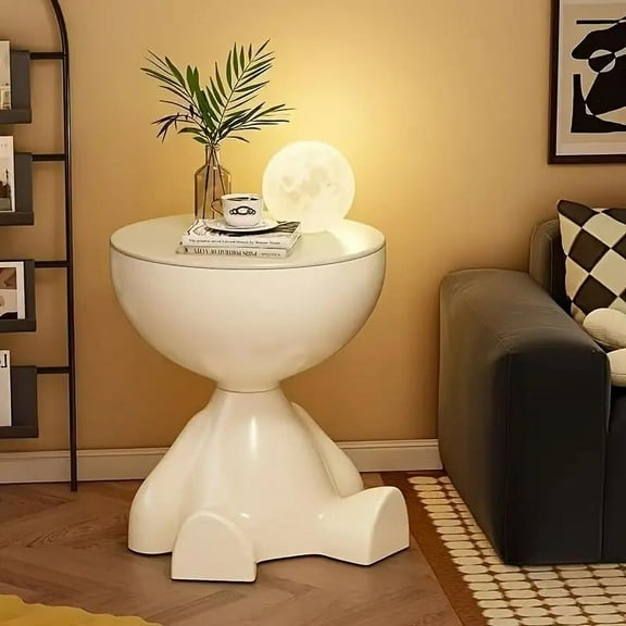 Modern Bear-Shaped Plastic Nightstand with Lamp & Coffee Cup Holder, Easy-Assemble Compact Storage Box, Stylish Playful Furniture for Bedroom & Living Room