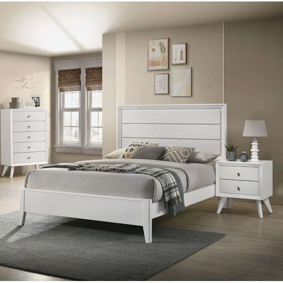 Modern Beautiful White 3pc Bedroom Set California king Size Bed 2x Nightstands Furniture Mitered Corner Design