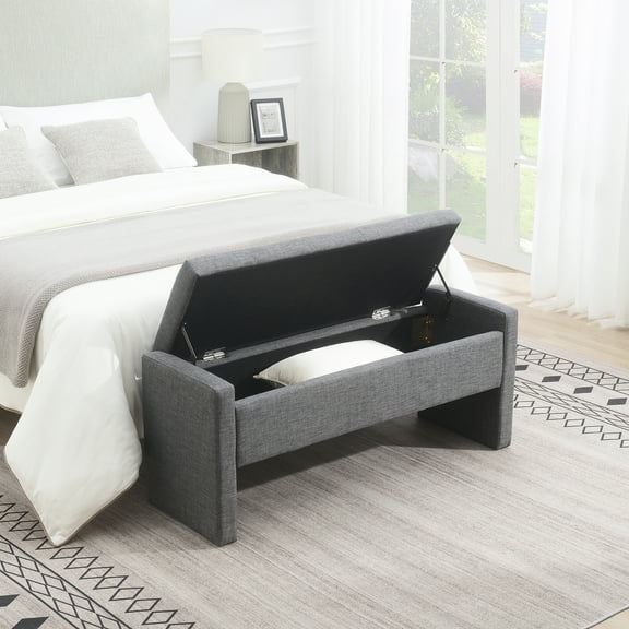 Modern Bed End Bench with Storage,Upholstered Large Foot Rest Stool,Comfy Window Vanity Bench for Living Room,Bedroom,Dorm,Coffee Table,Linen Dark Grey,Dark Grey Plywood Furniture Bedroom Benches