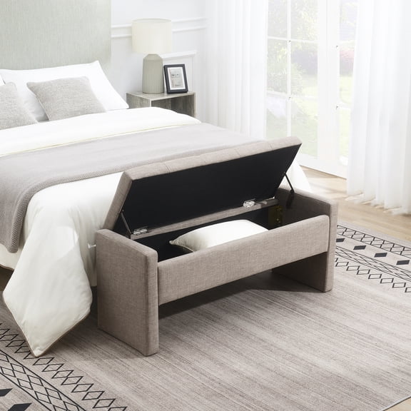 47.25" Grey Brown Storage Bench with Linen Upholstery, Multi-Functional Ottoman for Bedroom & Living Room (15.75"W X 18.5"H)