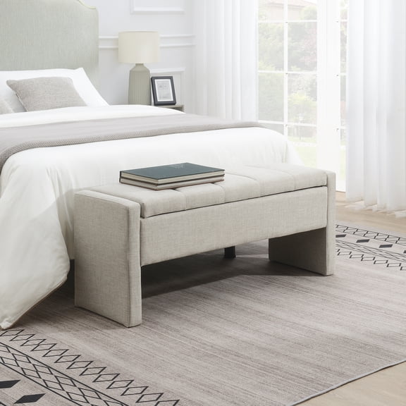 Modern Upholstered Storage Bench for End of Bed, 47.25" Long Light Grey Footrest Stool, Multi-Functional Ottoman with Linen Fabric for Bedroom, Living Room & Dorm