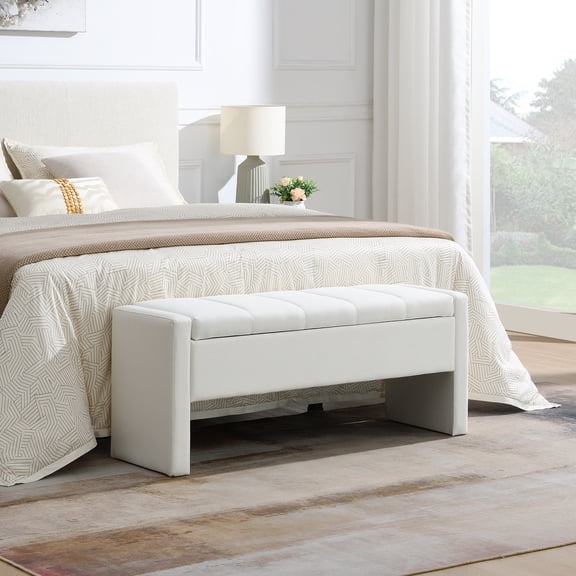 Modern Bed End Bench with Storage,Upholstered Large Foot Rest Stool, Comfy Window Vanity Bench for Living Room,Bedroom,Dorm,Coffee Table,Linen Beige