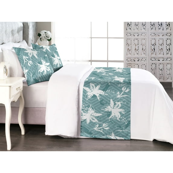 Modern Bed Runner Set, Abstract Floral Ornaments with Brush Drawn Effect on Geometric Back, Decorative Bedding Scarf & 2 Pillow Shams for Hotels Homes, Queen, Cadet Blue and Grey Teal, by Ambesonne