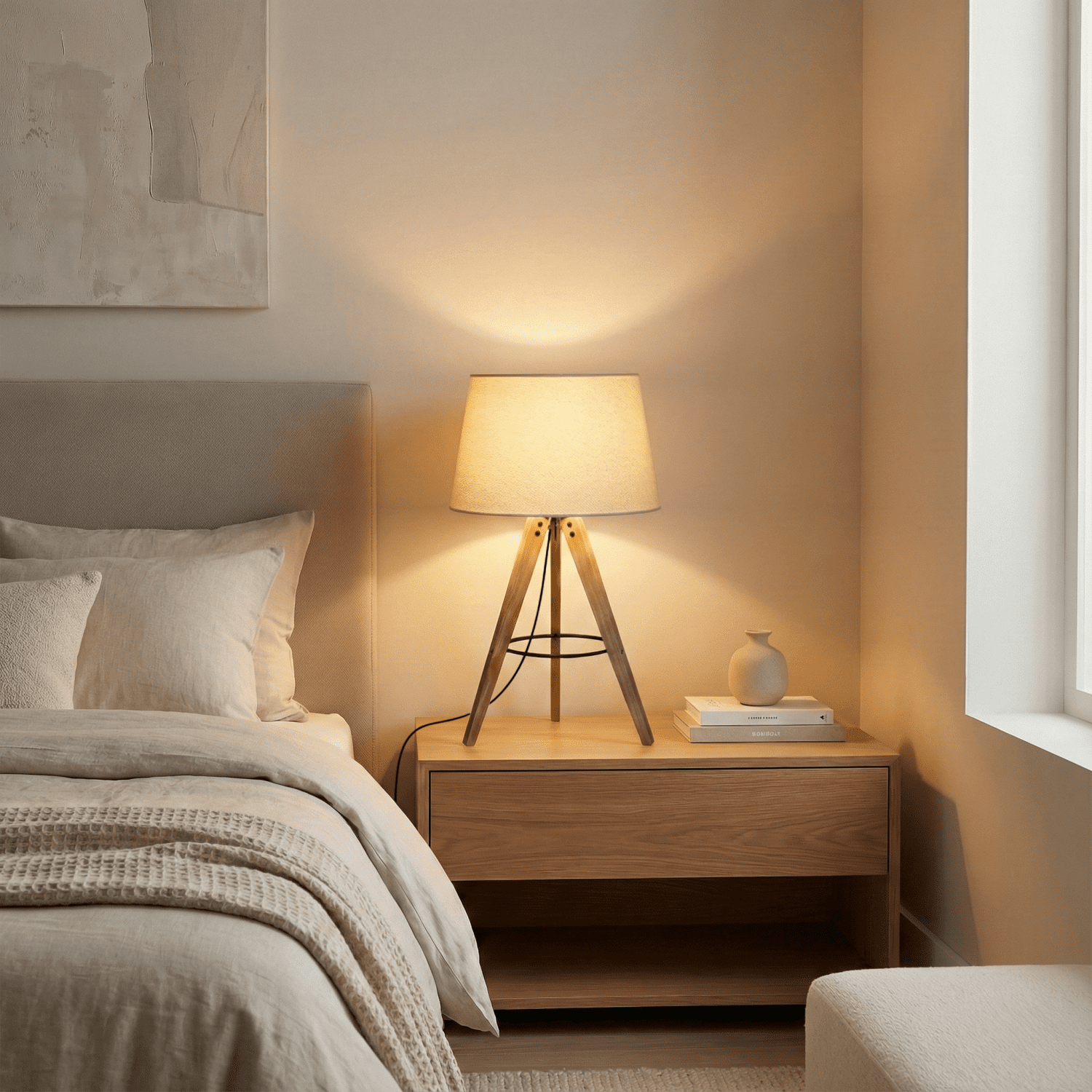 Modern Bed Side Nightstand Decorative Led Table Desk Lamp, Birch Three Legged Wooden Bar Table Lamp, Natural - Black 110V