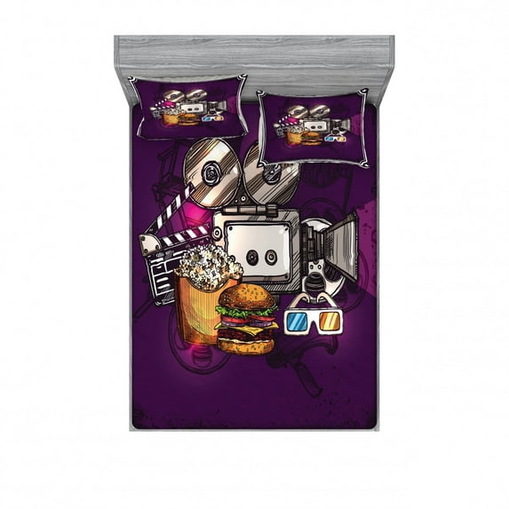 Modern Bedding Set with Sheet & Covers, Cartoon Like Cinema Movie Image Burgers Popcorns Glasses Watching Film, Printed Bedroom Decor 2 Shams, 4 Sizes, Purple Earth Yellow, by Ambesonne