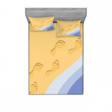 Modern Bedding Set with Sheet & Covers, Footprints Sand Realistic Print near Ocean Waves Digital Image, Printed Bedroom Decor 2 Shams, 4 Sizes, Baby Blue Apricot, by Ambesonne