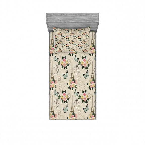 Modern Bedding Set with Sheet & Covers, French Eiffel Tower Shabby Form Style Garden Roses Butterfly Flowers Leaves Artwork, Printed Bedroom Decor 2 Shams, 4 Sizes, Multicolor, by Ambesonne