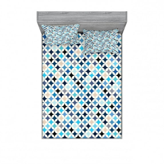 Modern Bedding Set with Sheet & Covers, Geometric Circles with Half Round Like Square in the Blue Tones Mix Image Backdrop, Printed Bedroom Decor 2 Shams, 4 Sizes, Multicolor, by Ambesonne