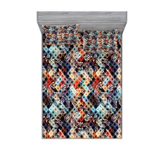 Modern Bedding Set with Sheet & Covers, Geometric Retro Design Background with Paisley Spots Like Artwork Print, Printed Bedroom Decor 2 Shams, 4 Sizes, Multicolor, by Ambesonne