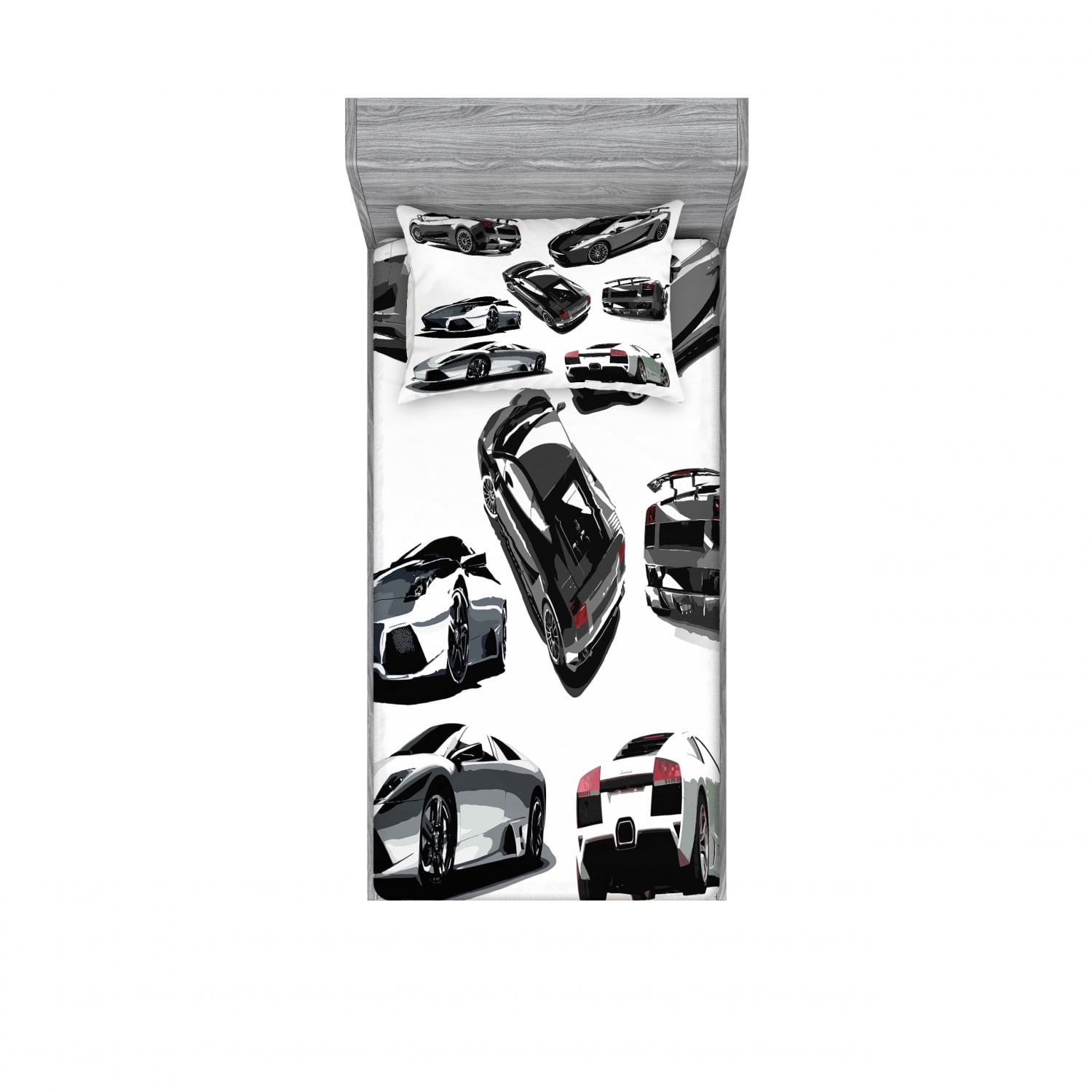 Twin XL White Microfiber Car Print Sheet Set