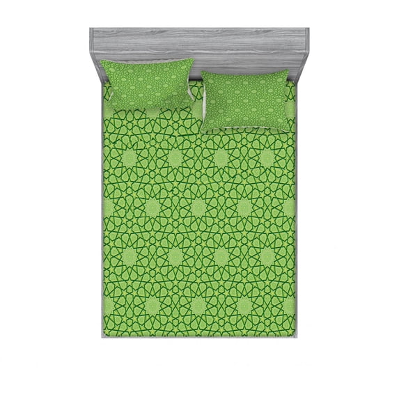 Modern Bedding Set with Sheet & Covers, Leather Like Natural Contemporary Image with Stars Geometric Shapes Artwork Image, Printed Bedroom Decor 2 Shams, 4 Sizes, Lime Green, by Ambesonne