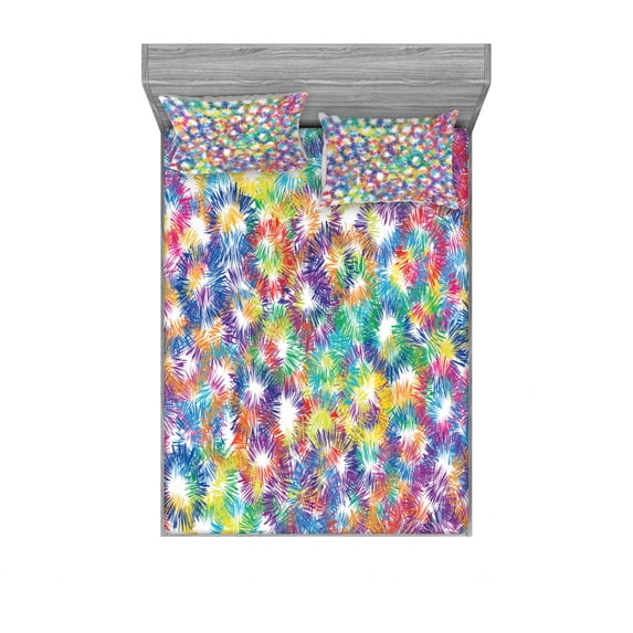 Modern Bedding Set with Sheet & Covers, Rainbow Colorful Geometrical Abstract Image Fireworks Like White Backdrop Print, Printed Bedroom Decor 2 Shams, 4 Sizes, Multicolor, by Ambesonne