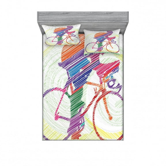 Modern Bedding Set with Sheet & Covers, Sketch Hand Drawn Image of a Cycling Man on Bike Sun Grass Artwork Print, Printed Bedroom Decor 2 Shams, 4 Sizes, Multicolor, by Ambesonne