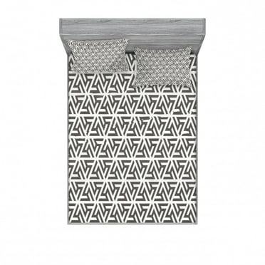 Modern Bedding Set with Sheet & Covers, Snowflake Geometrical Lines Triangles and Shapes Artwork Print, Printed Bedroom Decor 2 Shams, 4 Sizes, White and Army Green, by Ambesonne
