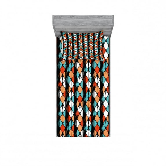 Modern Bedding Set with Sheet & Covers, Vector Contemporary Design Geometric Hexagonal Detailed Image, Printed Bedroom Decor 2 Shams, 4 Sizes, Turquoise Salmon, by Ambesonne