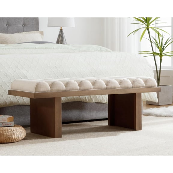 Modern Bedroom Bench, 47 Inch Upholstered End of Bed Bench Padded Entryway Bench with Cylindrical Cushion/Wood Legs, Wooden Window Bench for Living Room/Hallway, Linen Beige
