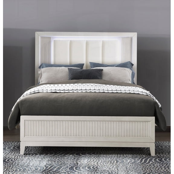 Modern Bedroom Decor: Antique White Queen Bed having LED Headboard & Upholstered Cushion
