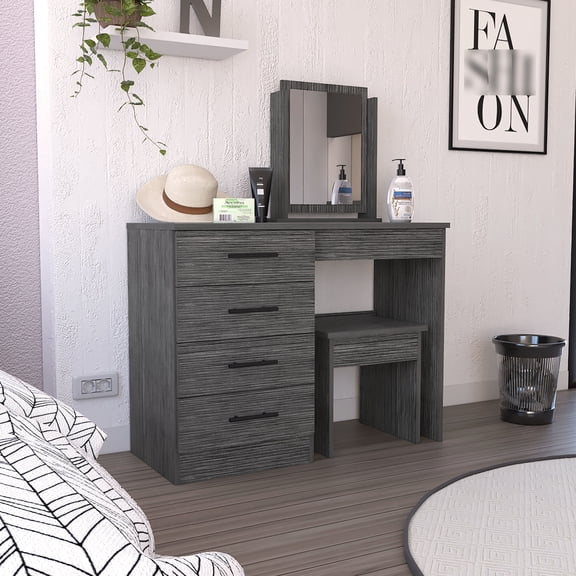 Modern Bedroom Decor - Makeup Dressing Table with Four Drawers, Mirror and Stool for a Stylish Setup