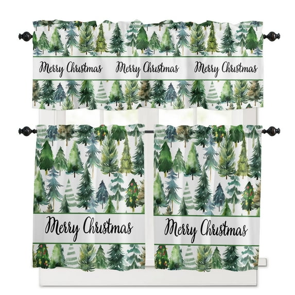Merry Christmas Kitchen Curtains and Valances Set, Green Xmas Tree Watercolor Rod Pocket Window Valance 18 Inch Window Curtain Panels for Living Room Bedroom Laundry, 27.5x24in, 3 Pieces