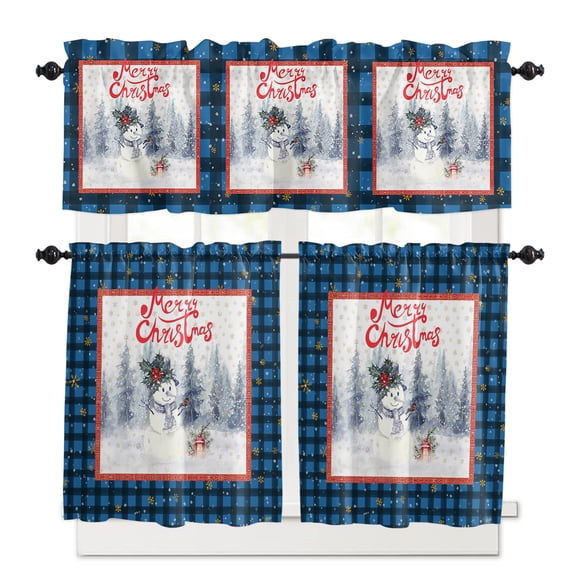 Blue Christmas Kitchen Curtains and Valances Set, Buffalo Grid Snowman Xmas Tree Forest Rod Pocket Window Valance 18 Inch Window Curtain Panels for Living Room Bedroom Laundry, 27.5x36in, 3 Pieces