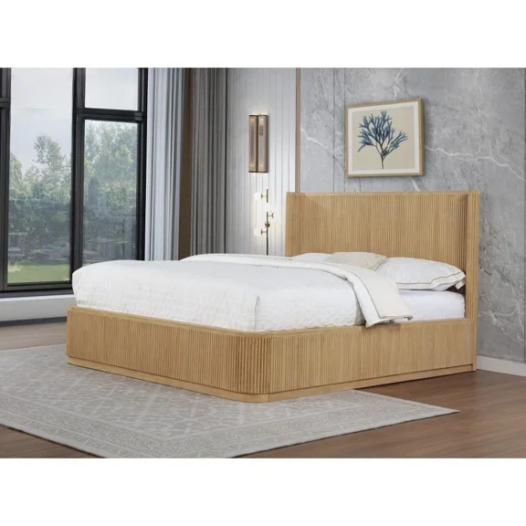 Modern Bedroom Eastern King Platform Bed, Solid Wood Bed Frame with Fluted Design, Light Oak
