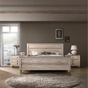Modern Bedroom Furnishings - Queen Bed And 2 Nightstands, White Wash, Elegant Metal Accents, Rustic Touch Contemporary 3 & Wash Finish, Urban Chic Style, Paneled Headboard, Antique Walnut Trim,