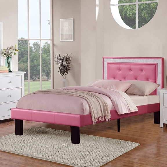 Modern Bedroom Furniture 1pc Twin Size Bed Pink Faux Leather PU Wooden Legs Tufted HB Slats Support