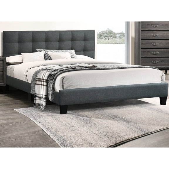 Modern Bedroom Furniture: Full Size Charcoal Bed With Stylish Headboard And Platform In Upholstered Robust Structure