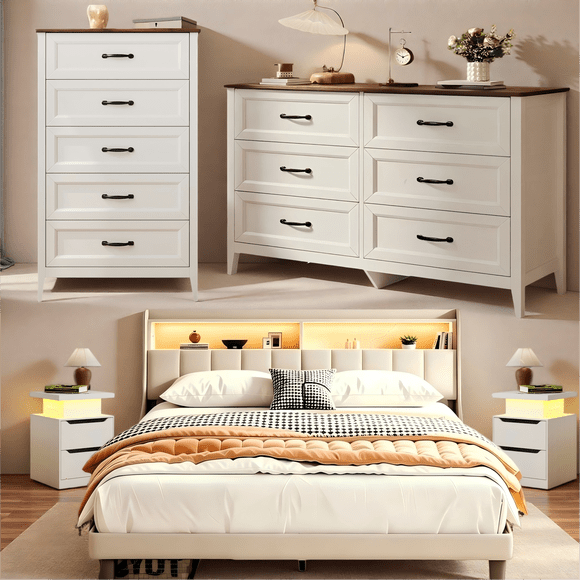 Lofka Bedroom Furniture Set – Queen Bed Frame, 2 Nightstands with Charging & RGB Lights, 5-Drawer Dresser & 6-Drawer Dresser for Large Bedrooms